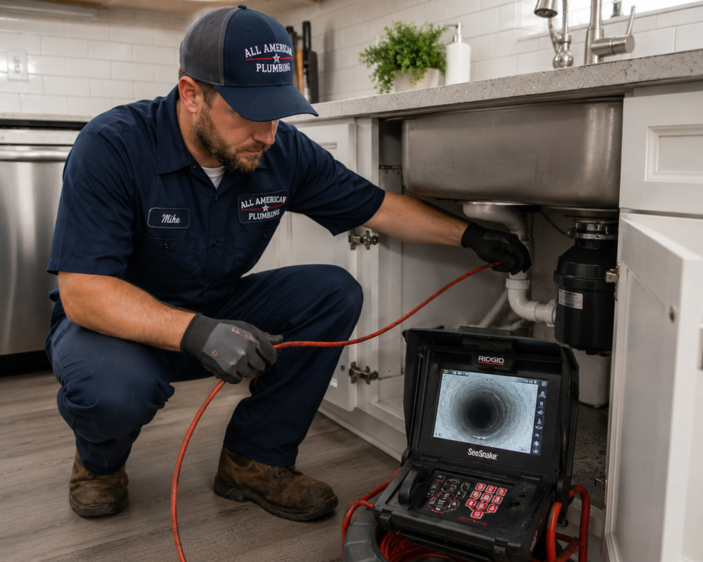 plumber using drain snake to clear clog