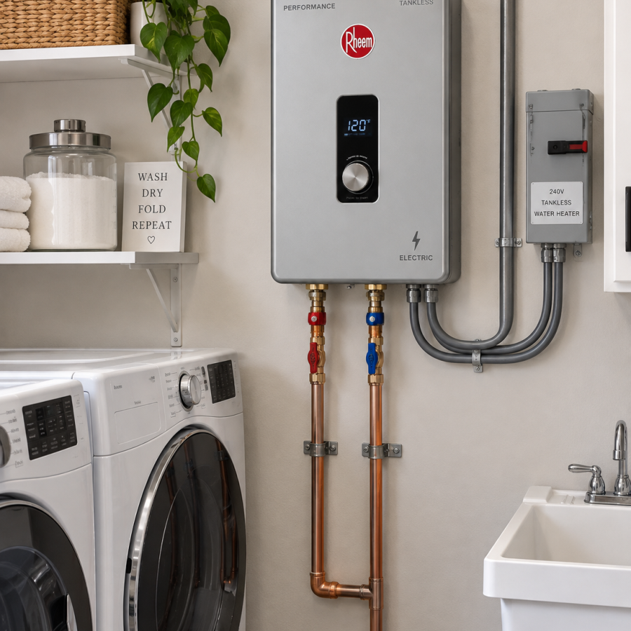 Rheem Tankless Water Heater installed in a laundry room